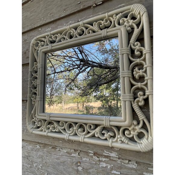 Vintage 1970s Syroco Homco White Faux Wicker Rattan Wall Mirror 14.5x12.5 - Picture 9 of 15